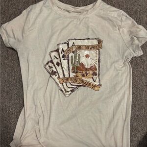 Western graphic tee with deck of cards. Color sandy